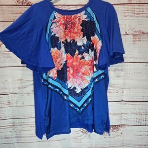 DQ2 Women's XL NEW‎ Royal Blue Floral Print Soft Tunic Flutter Sleeve Crew Neck